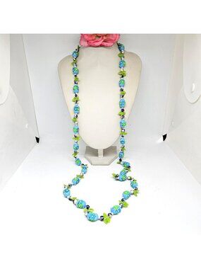 Vintage Blue Green Flower Bead Necklace 60s/70s 50" Long Retro Costume Jewelry
